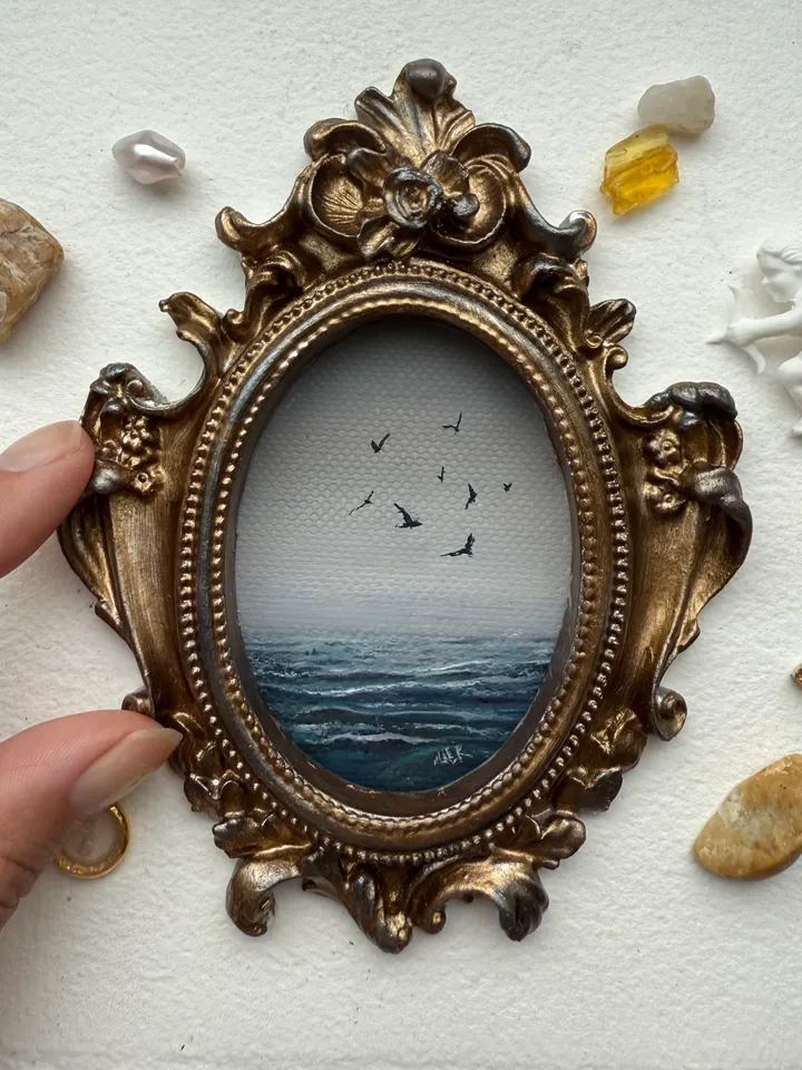 Ocean Landscape Painting Original In Vintage Style Frame Small Framed Museum Style Painting Art Renaissance Antique Seascape Painting Foggy Coast