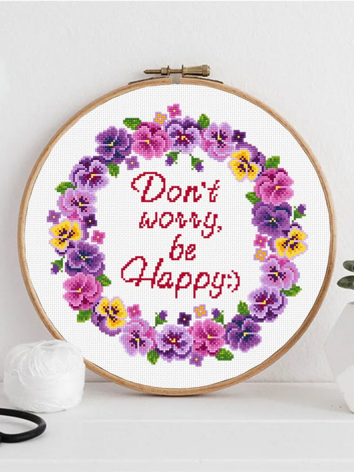 Framed quote cross stitch pattern PDF download Dont worry be happy, Flower wreath cross stitch chart, Floral frame cross stitch, Violet #Q32