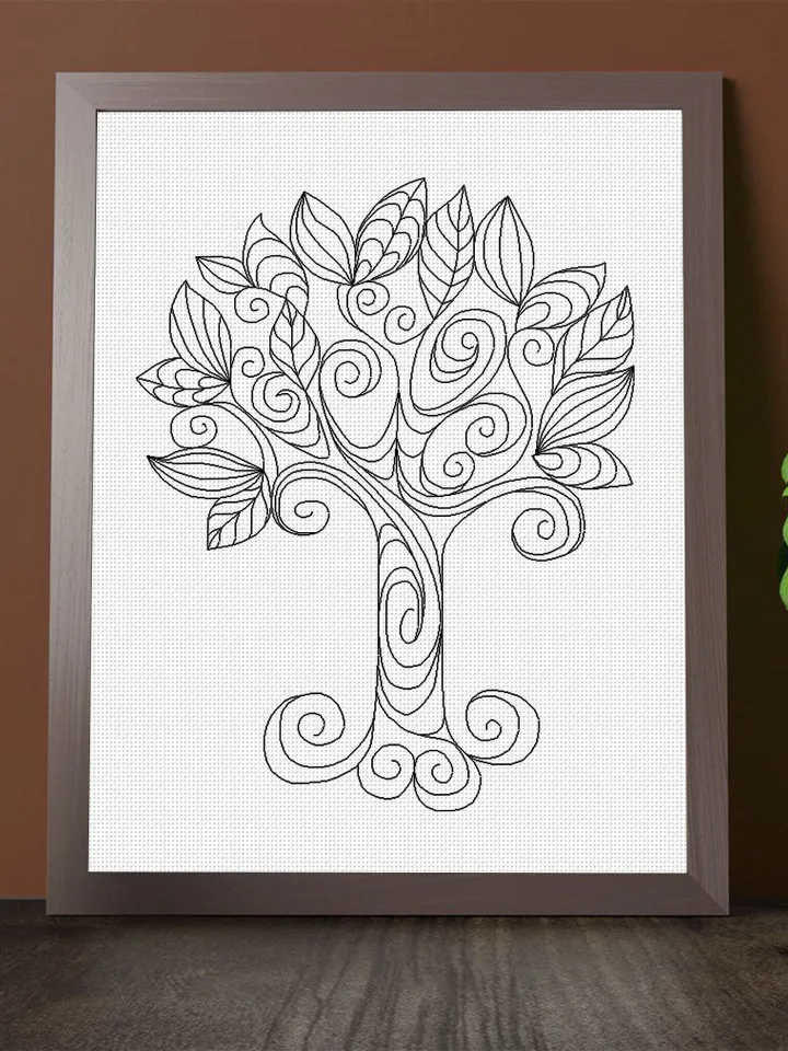 Mandala tree of life blackwork pattern PDF download Backstitch chart Mandala ornament tree, Blackwork tree embroidery PDF, Nature, Leaf #W24