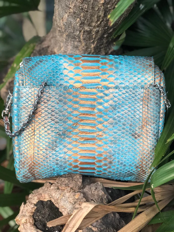 Genuine Python Skin Classy Crossbody Chain Bag Handmade| Tassel Bag Python Detachable Chain Clutch Blue Turquese Trends Classy Elegant Purse