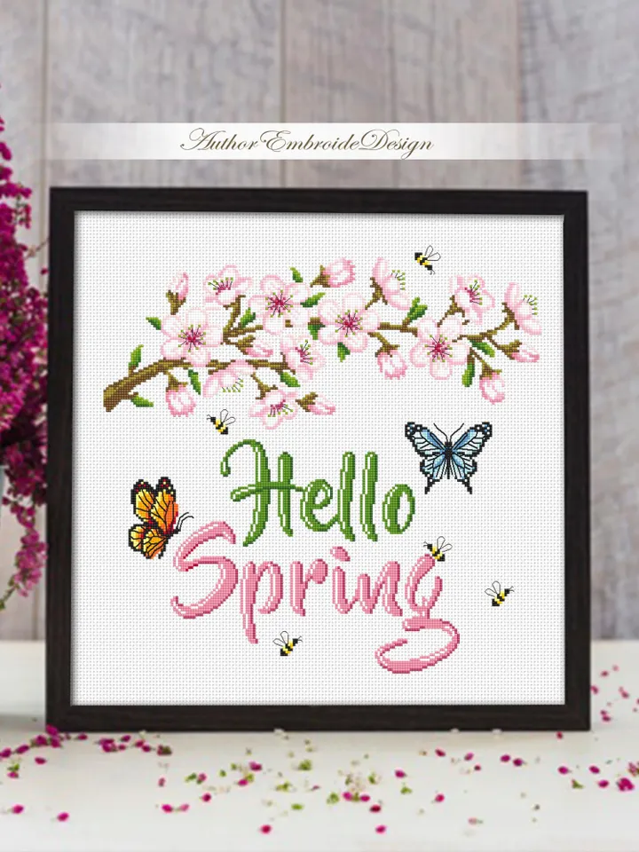Hello spring cross stitch pattern PDF download Cherry blossom cross stitch chart, Floral pattern digital PDF Sakura flower cross stitch #Q66