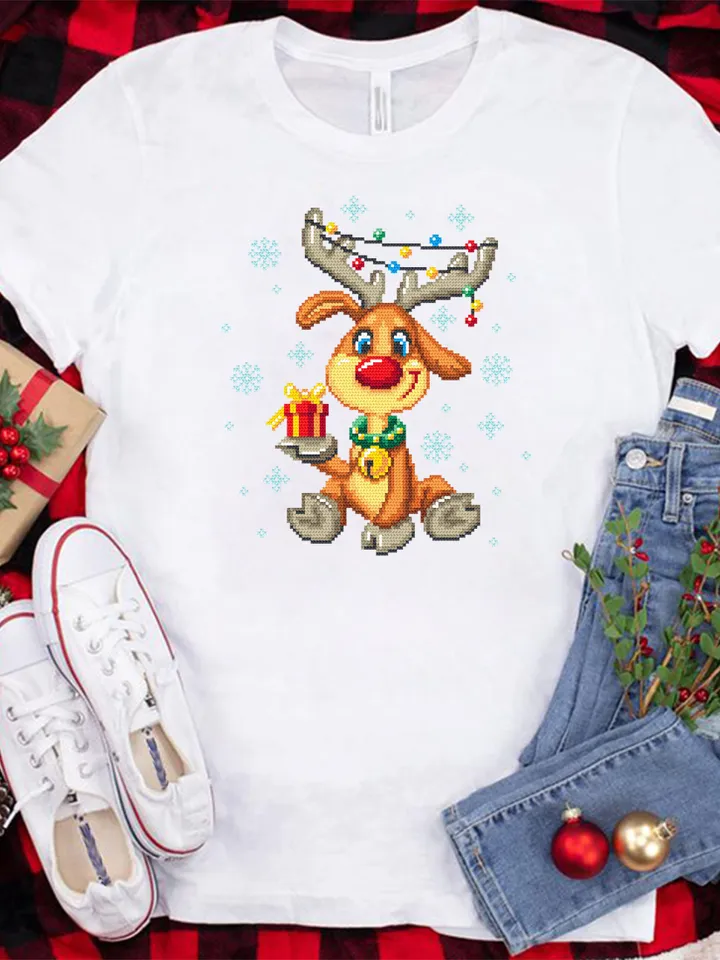 Cute Christmas deer cross stitch pattern download PDF Winter cross stitch chart, Funny Christmas pattern PDF, Easy embroidery beginner #N68