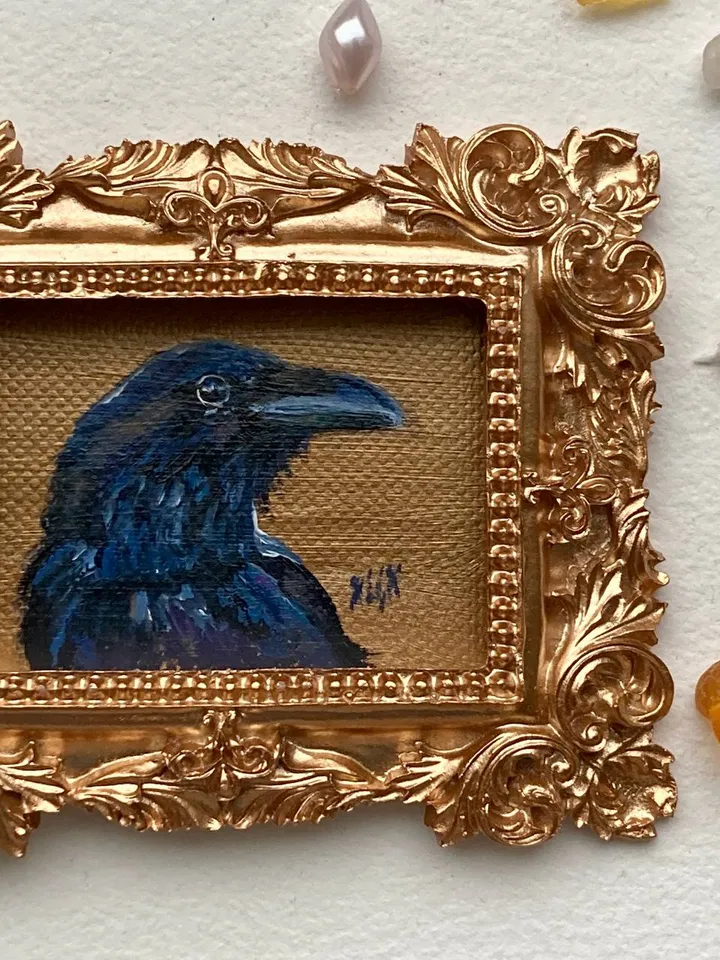 Framed Raven Painting Small Original Corvid Artwork Crow Art Tiny Oil Painting Framed Bird Painting