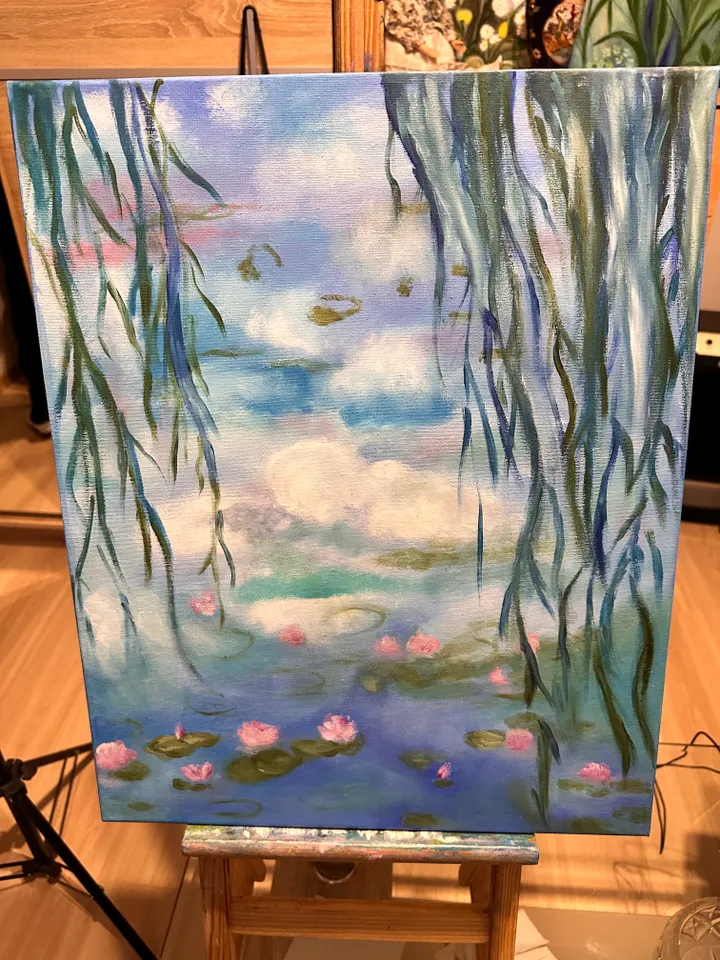 Oil Painting Water Lilies Based on Monet Claude Water Lilies Pond Water Landscape Stretched Canvas 20x16 Inches Wall Decor