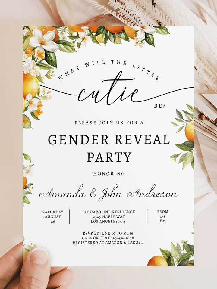 Editable Orange Gender Reveal Party Invitation A Little Cutie is on the Way Citrus Gender Reveal Invites Template Instant Download - I104