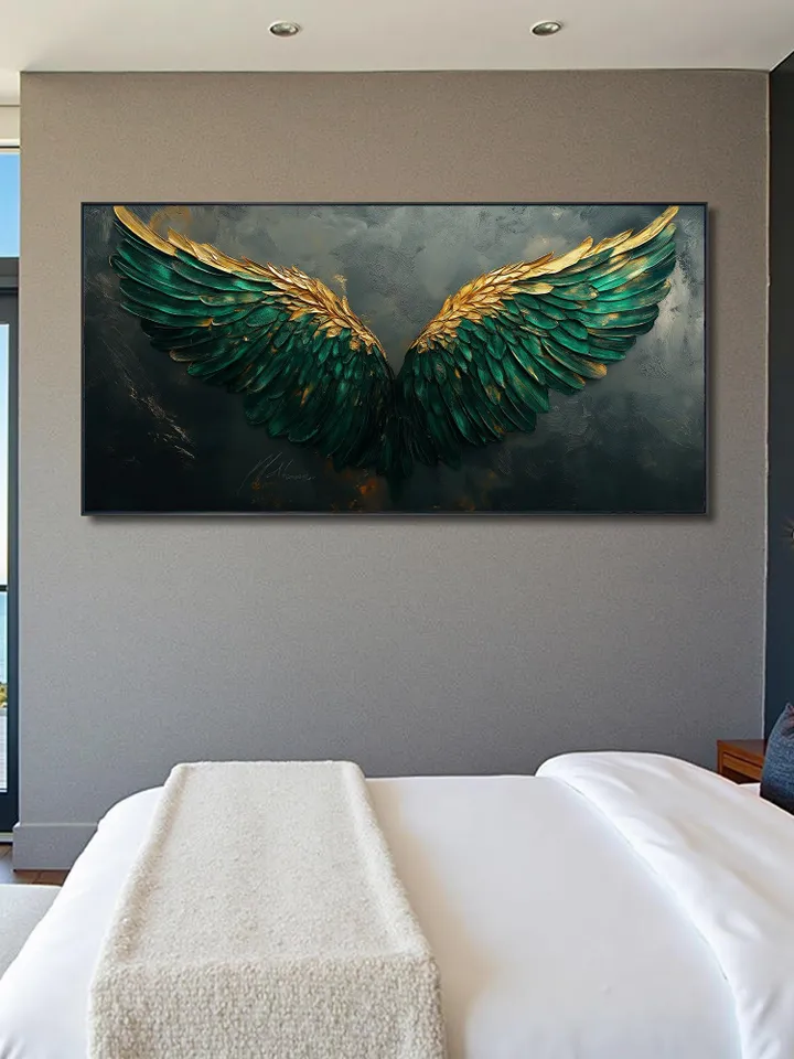 Large Emerald Green & Gold Angel Wings Impasto Painting, Textured 3D Wall Art, Original Abstract Art, Unique Home Decor, Office Wall Decor