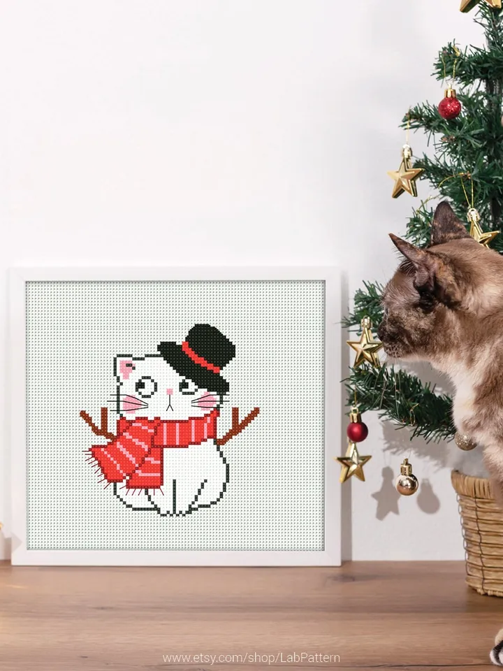 Cat Snowman New Year Cross stitch pattern | Embroidery Pattern | Instant Download | Embroidery Designs