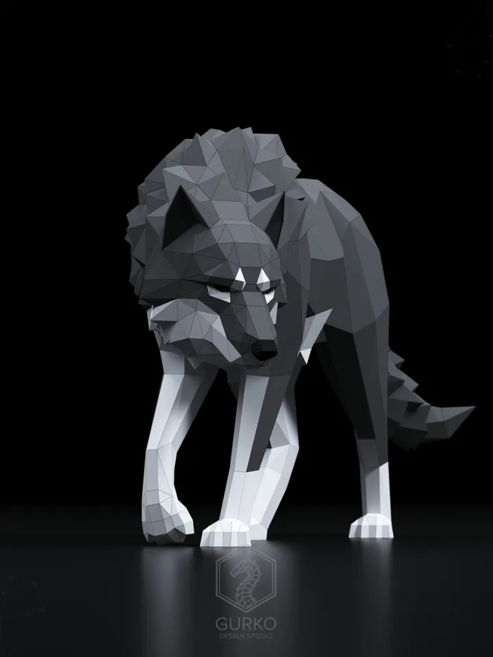 Crouching Wolf Papercraft, Digital Template, PDF Download, Gurko, 3D Low Poly, Pepakura, Origami Sculpture, Paper Party Decoration, DIY Gift