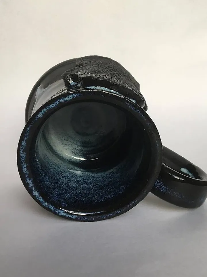 Thor Hammer Mjolnir Huginn and Muninn Black blue glazed dripping stoneware mug