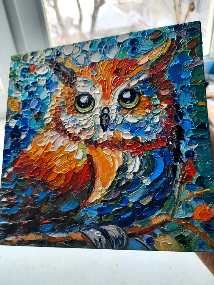 Owl Art Bird Oil Impasto Oil Painting Original Oil painting 8*8