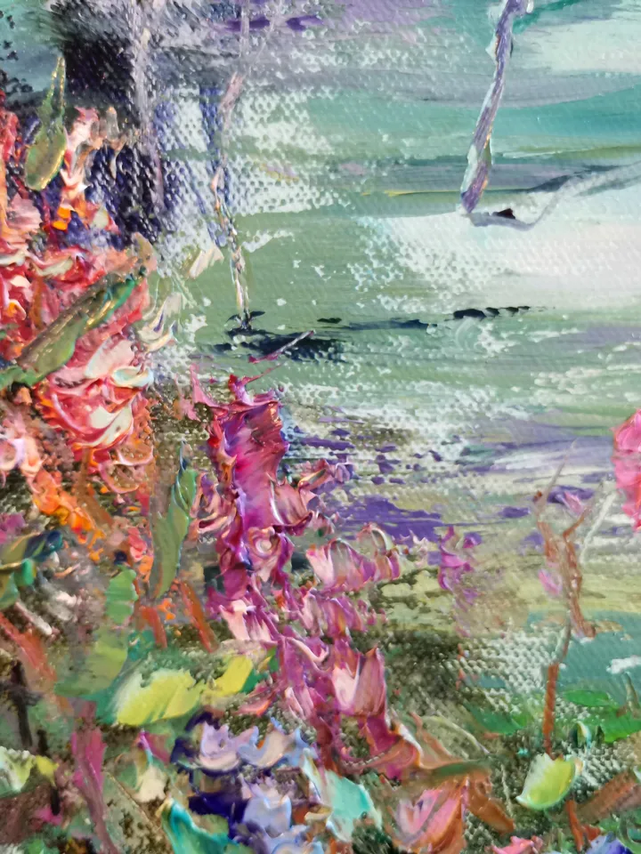 Pond Forest Flowers Oil Painting Landscape Impasto Original Artist Svinar Oksana