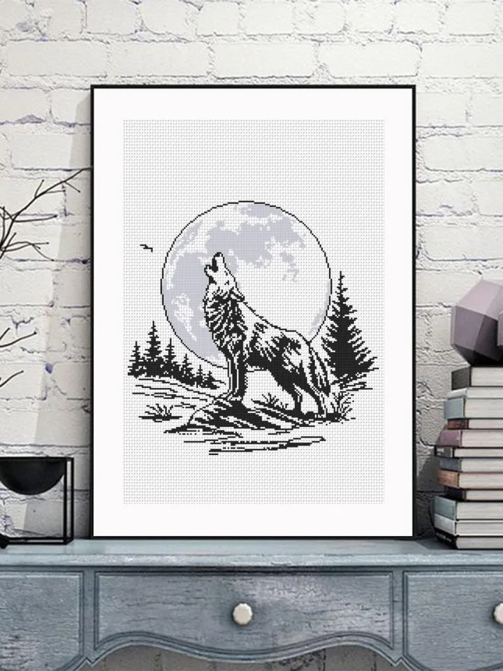 Wolf moon cross stitch pattern PDF download Howling wolf cross stitch chart, Nature pattern digital PDF, Full moon embroidery beginner #L85