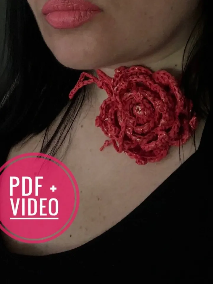 Crochet pattern flower choker PDF digital instant download, video tutorial, floral necklace, women accessories, vintage rose, brooch