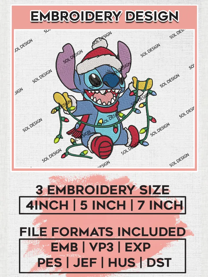 Stitch and Xmas Lights Embroidery Design Files, Cute Disney Santa Stitch Christmas Machine Embroidery, Disneyland Family Holiday, 3 sizes, Christmas Machine embroidery designs, Digital Download