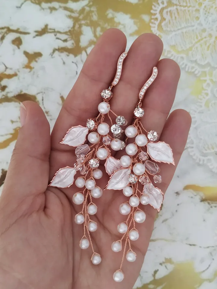 Rose Gold Long Pearl Wedding Earrings, Leaf Boho Wedding Earrings, Boho Bridal Earrings, Statement Chandelier Earrings, Floral Earrings,