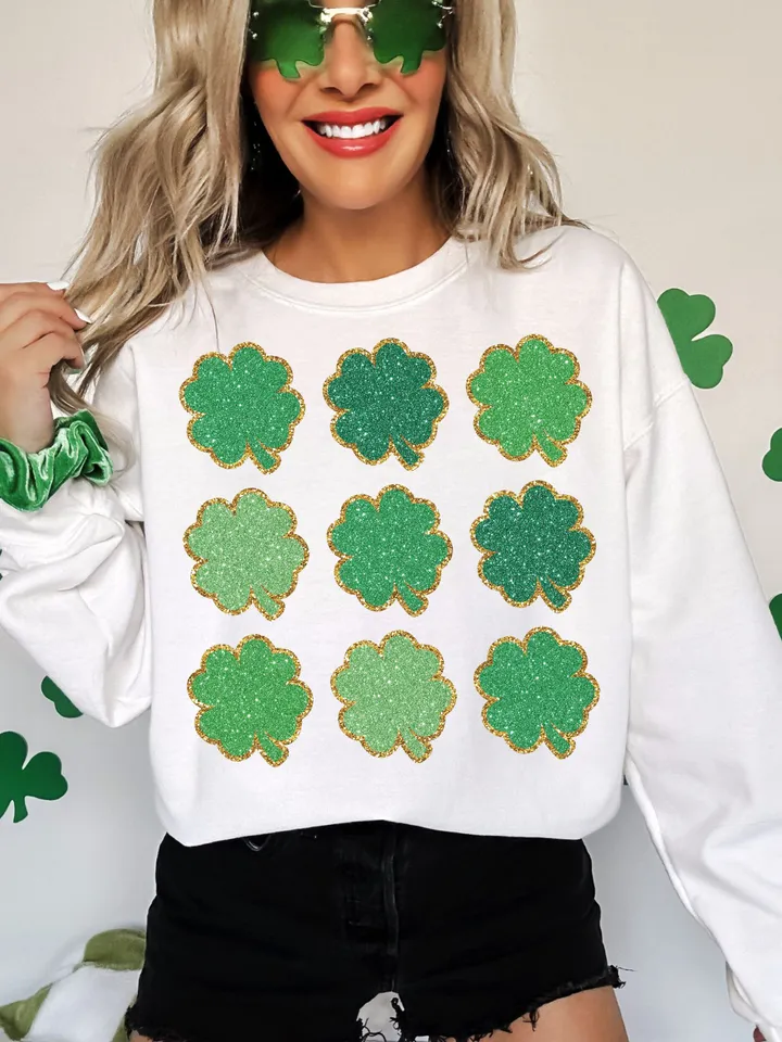 Faux Sequin Clovers PNG St. Patrick's Day PNG St Patty's Shirt Design Faux Glitter Png Green Lucky Clover Sublimation, Trendy St Patrick's