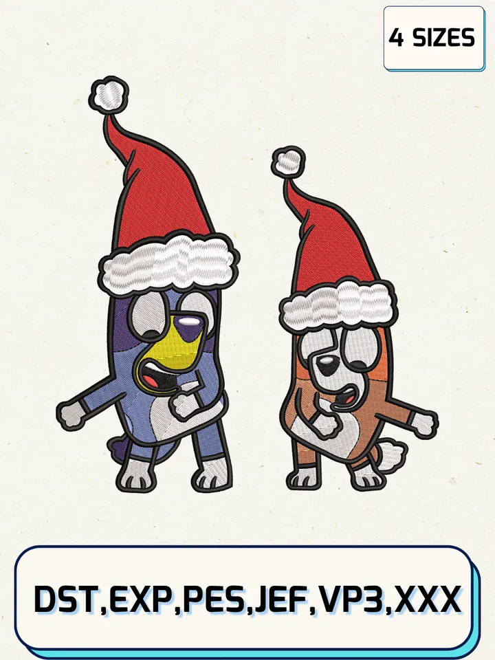 Bluey and Bingo Christmas Embroidery Design,Christmas Embroidery Designs,Machine Embroidery Files,Bluey and Bingo Embroidery Design,4 sizes