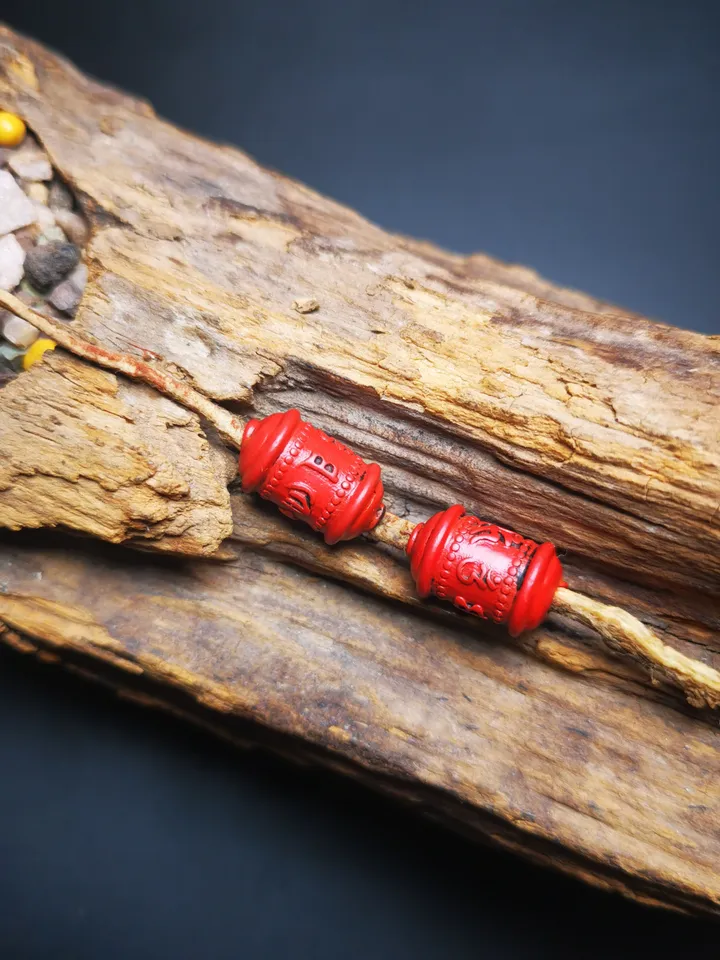 Gandhanra Handmade Antique Tibetan Amulet,Mini Prayer Wheel Bead Pendant for Mala,Made of Cinnabar