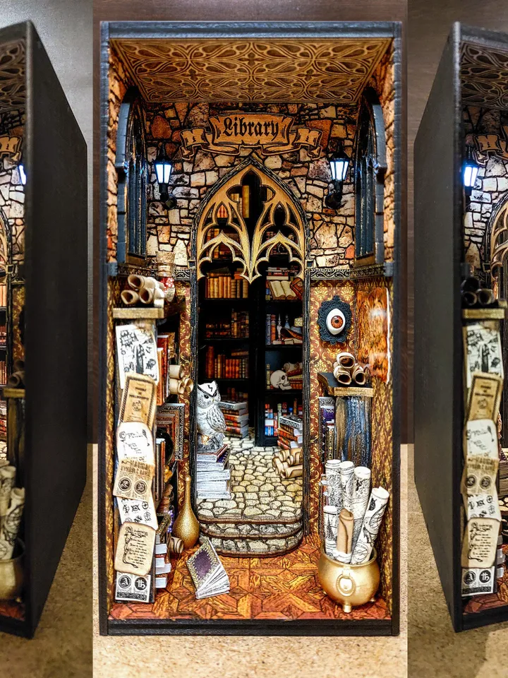 Book nook library, Dark Academia booknook, Wizard library, bookshelf insert, Dark Academy library, Magic library, Wizard cabinet, Magic room