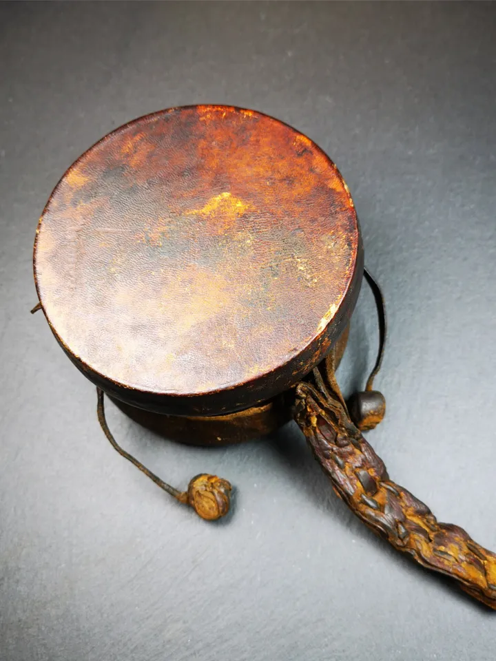 Gandhanra Vintage Tibetan Tantric Buddhist Ritual Implement Chod Drum,Damaru,Religious Ceremonial,4.15",80 Years Old.