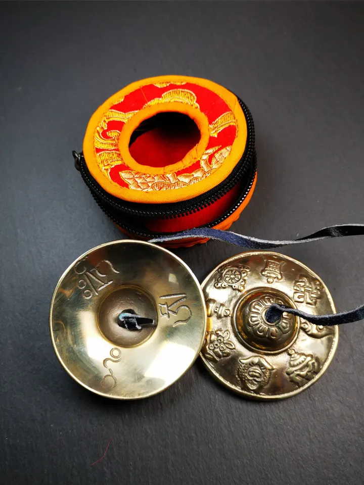 Gandhanra 2.7&quot; Tibetan Cymbals,Astamangal Pattern Tingsha Bell,Buddhism Ritual Implement,Handmade in Nepal