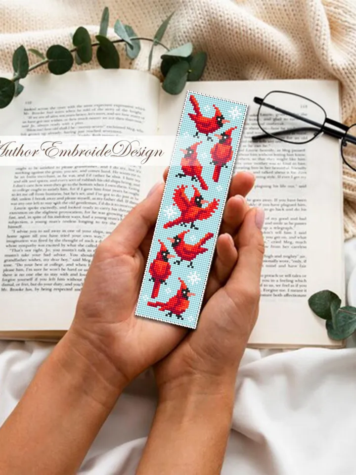 Christmas bookmark cross stitch pattern PDF download Red cardinal cross stitch chart, Bookmark pattern digital PDF, Bird cross stitch #N383