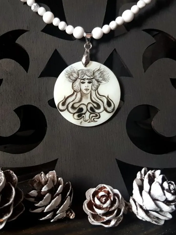 Witch craft necklace with miniature painting. Mermaid, valkyrie on pearl pendant