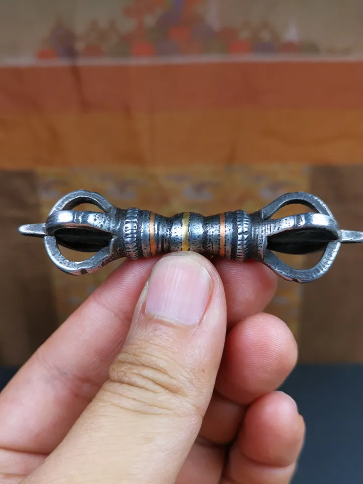 Gandhanra Vintage Five-pronged Vajra Dorje,Tibetan Buddhism (Vajrayana) Ritual Implement,Made of Cold Iron,Inlaid Copper Wire,30 Years Old