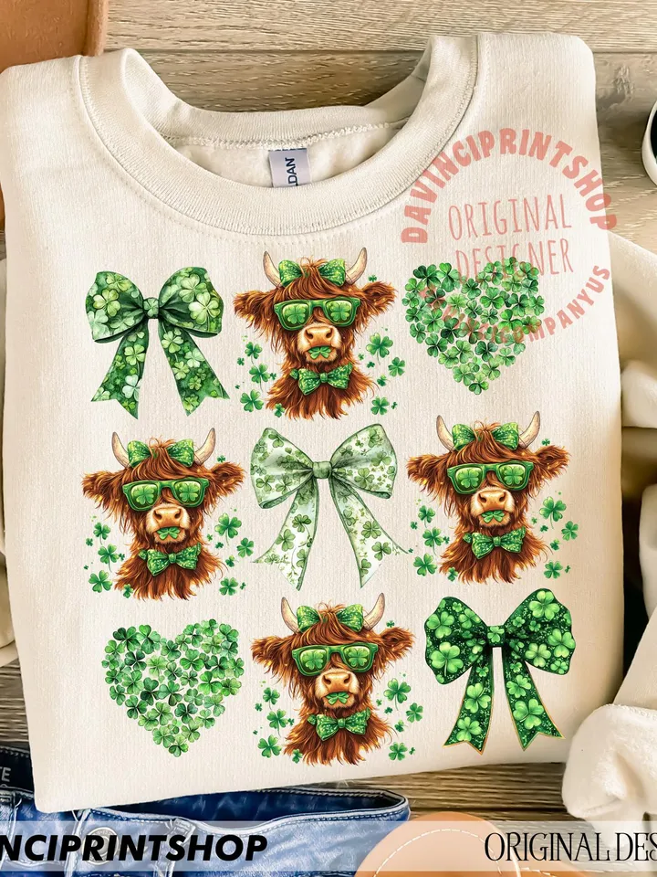 St Patrick's Day Highland Cow PNG, St. Patrick's Day Heart Clover, Coquette St. Patrick's png, Shamrock png, St Patrick's Day png, Irish png