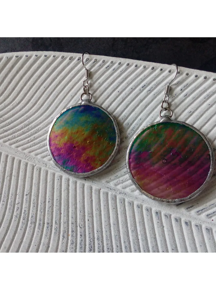 Iridescent stained glass earrings, Dichroic earrings, Duochrome earrings, Round stained glass