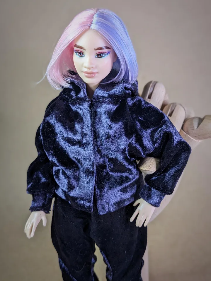 Handmade casual purple velvet two-piece set (hoodie and pants) for 1/6 scale fashion female dolls