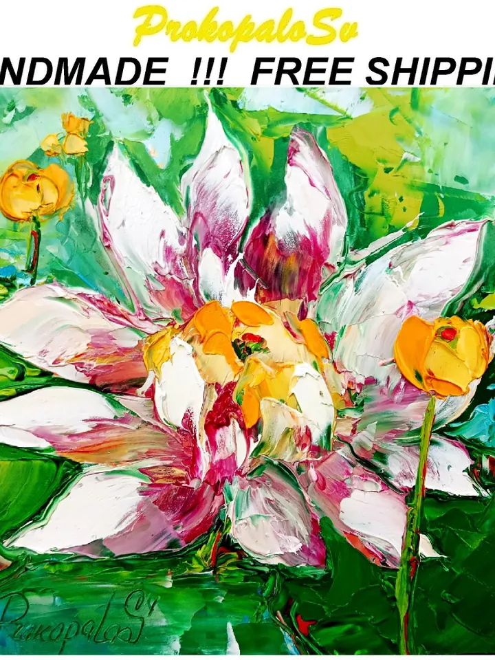 Lotus Painting Water Lily Original Art Impasto Painting Floral Oil Artwork 6x6 inches Flower Gifts by ArtProkopaloSv