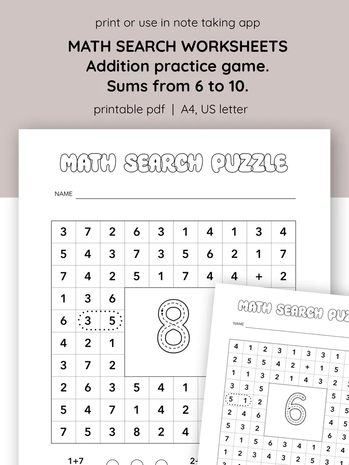 Fun Math Search Puzzle for Kids. Classroom math games. Homeschooling math tools. Math search activity. Number puzzle for kids. Focus and attention game. Printable math games.