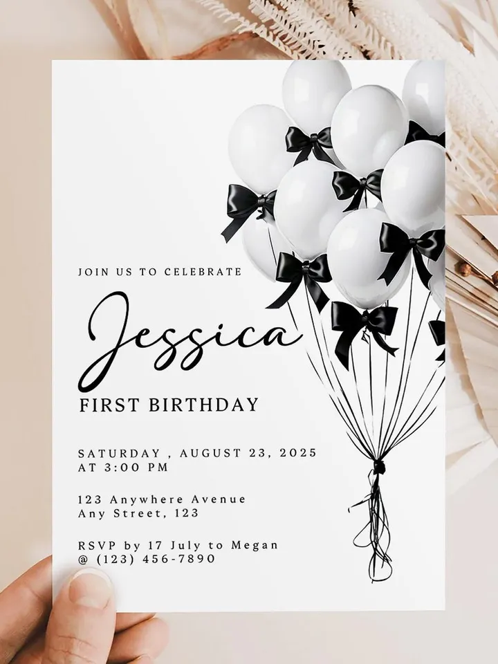 Editable Black & White Bow Balloon Birthday Invitation - Custom Canva Template, First Birthday Party Invite - WB211