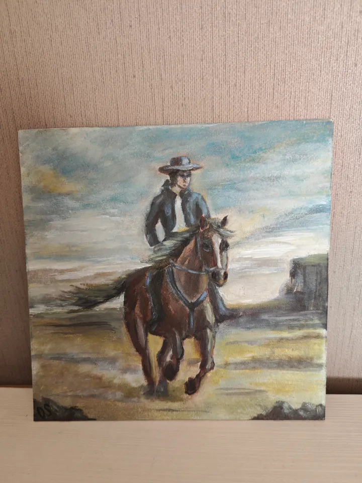 Cowboy On Horse Original Painting Riding Horse Cowboy Original Art Animal Artwork Rider Horse Oil Painting Horse And Cowboy Wall Decor Art 8 x 8 inches by OlgaSokolovaArt