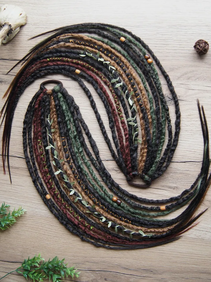Dreads on hairband Forest witch kit Ponytail brown green red synthetic Dreadlocks extensions bohemian boho style Wig Hair Falls cosplay