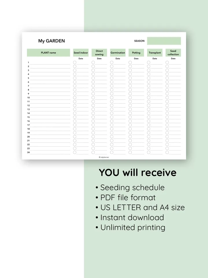 Printable Seeding Checklist. Greenhouse planting tracker Garden planning template. Seed-starting checklist. Planting schedule printable. Seeding tracker PDF. Garden organization chart. Vegetable planting guide. Herb garden planner. Flower seeding planner