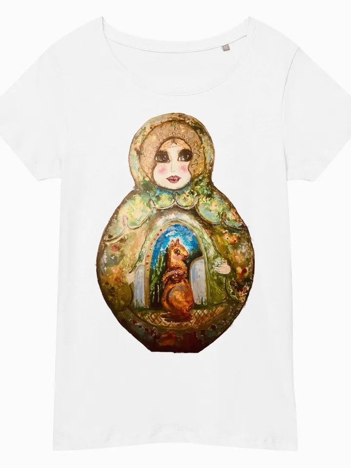 Russian doll Women’s basic organic t-shirt,unique design made from my original mix media painting ,matryoshka gifts.