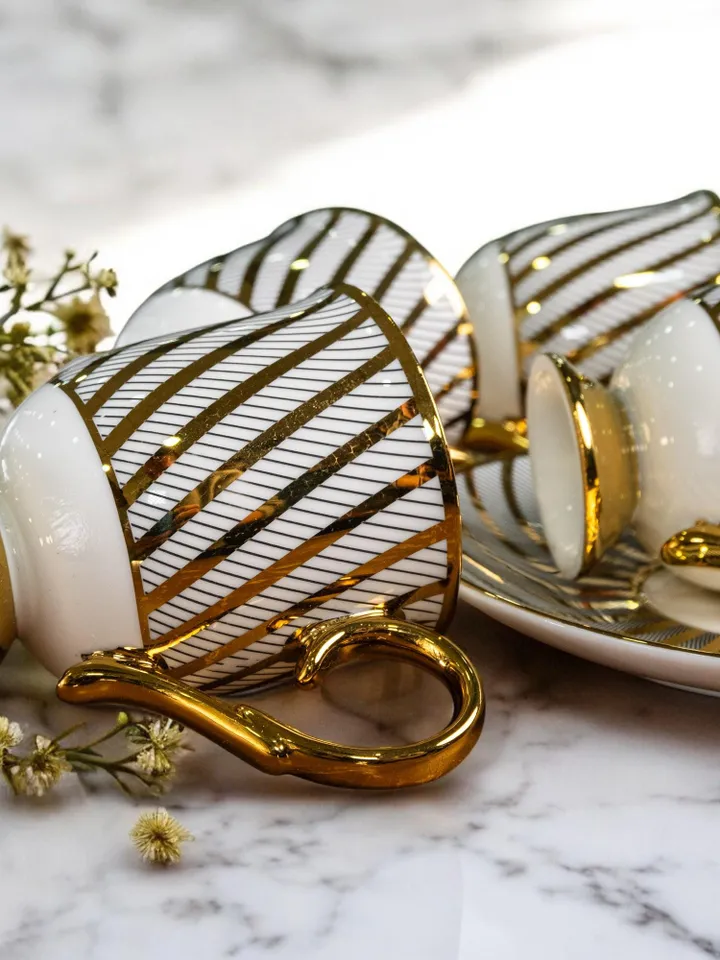 14K Genuine Gold Powder Porcelain Tea Cups And Saucers | Tea Cups Saucers Set | Gold Porcelain Set | Elegant Teaware | Gift For Tea Lovers