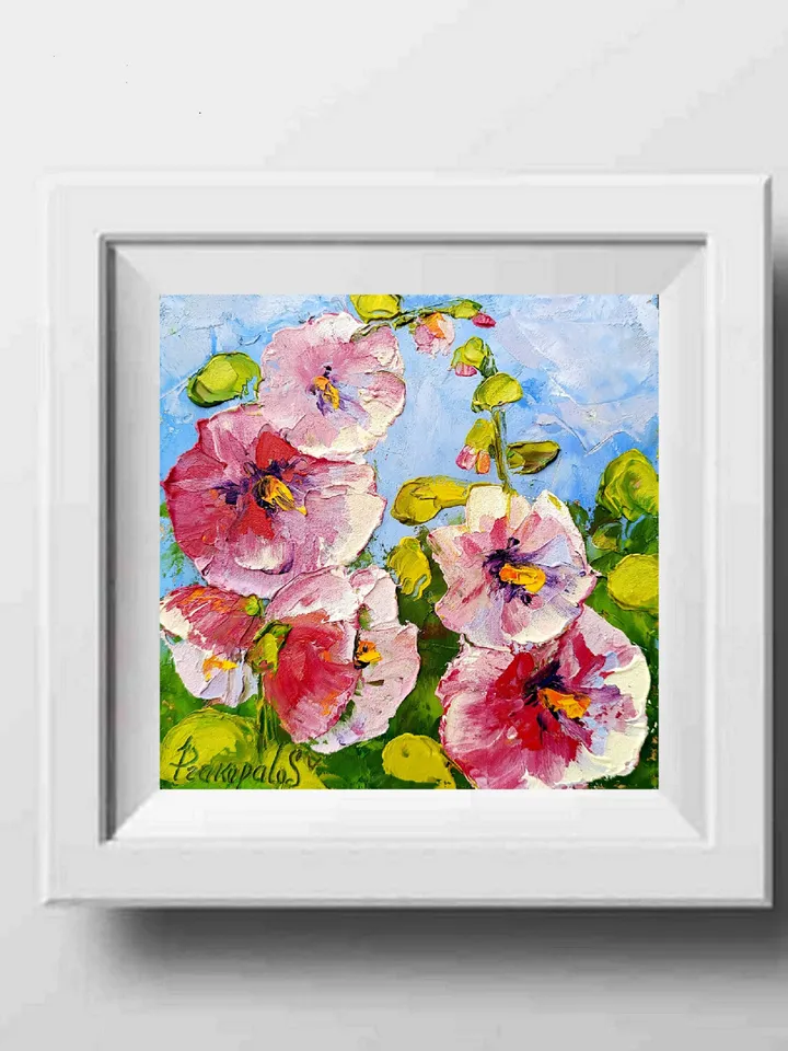 Mallow Painting Flowers Oil Painting Floral Original Fine Art Impasto Painting Hollyhocks Artwork 6x6 by ArtProkopaloSv