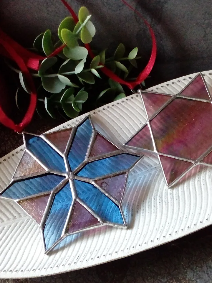 Set of 2 snowflake suncatchers, christmas ornaments, simple stained glass, Christmas decorations, Xmas tree star