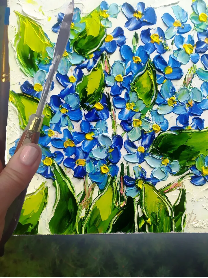 Forget-Me-Not Painting Floral Original Art 6x6 Impasto Oil Painting Small Art Flower Violet Painting by ArtProkopaloSv