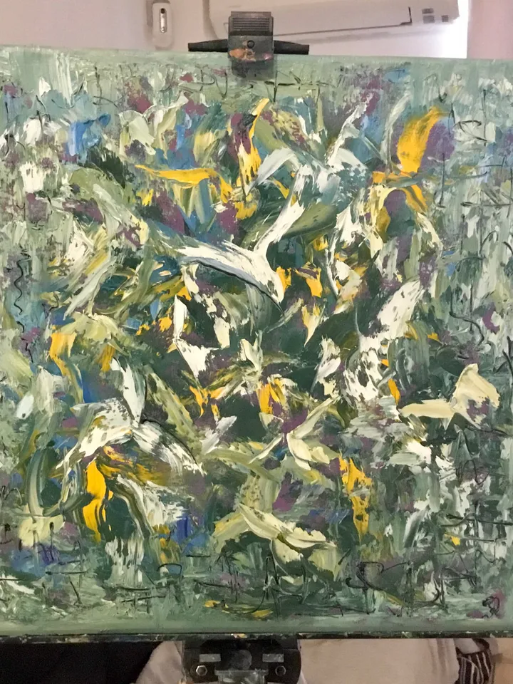 Flying in the jungle,original abstract oil impasto painting on canvas,abstract green white home decoration,unique handmade gift.
