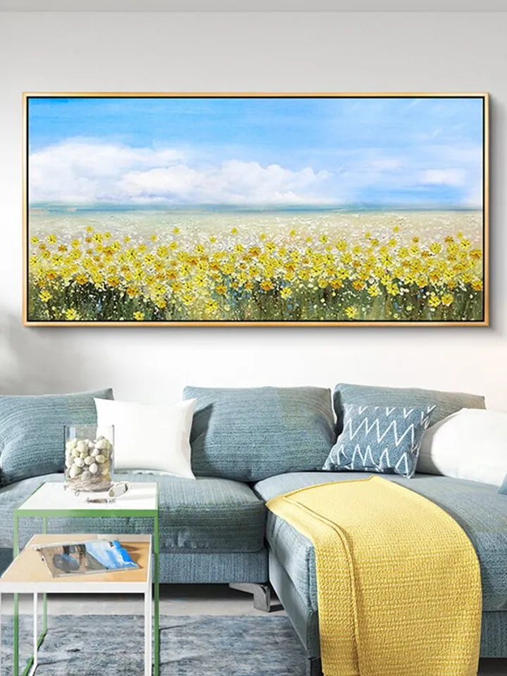 oil painting flower on canvas, original flower painting,yellow flower painting, blue sky painting, landscape painting,living room wall art