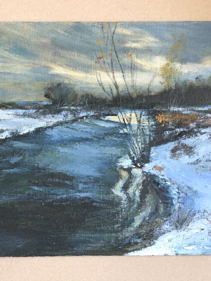 Winter river original oil painting modern art kitchen painting 10 by 14 inches
