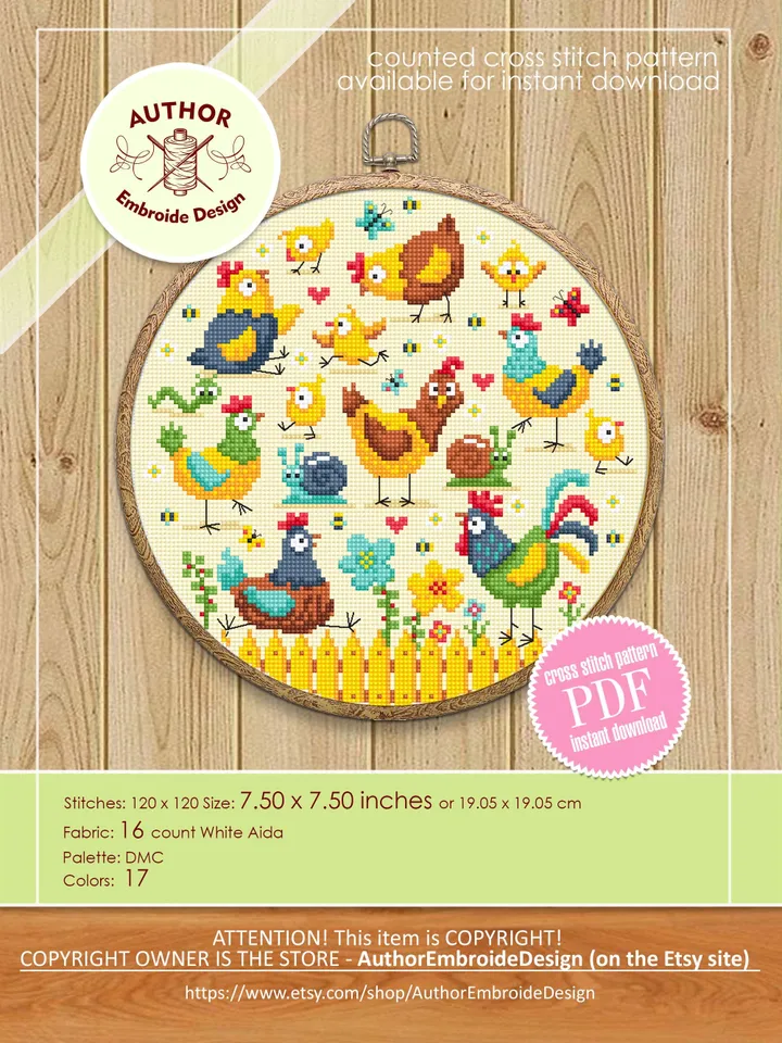 Chicken cross stitch pattern PDF download Funny bird cross stitch chart, Chicken pattern digital PDF, Farmhouse rooster and hen sampler #K62