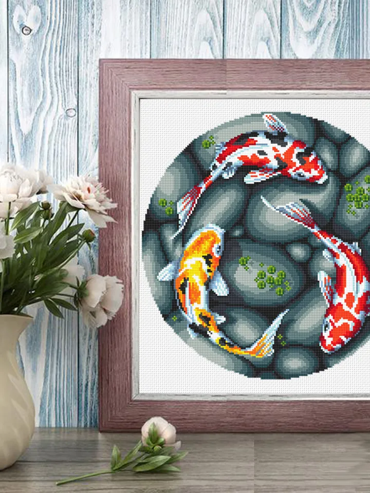 Koi pond cross stitch pattern download PDF, Koi fish cross stitch chart, Fish hand embroidery PDF, Oriental decor, Nature cross stitch #L51