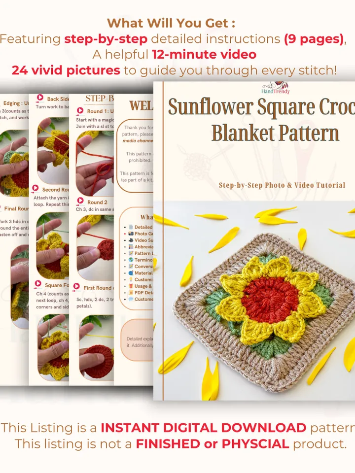 Sunflower Square Crochet Blanket Pattern - Perfect Housewarming or Mother's Day Gifts - Crochet Flower Coaster for Kitchen and Dining