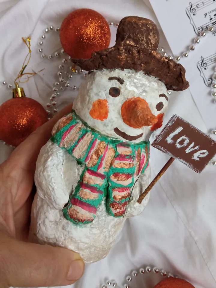 Figurine of snowman made of handmade papier mache. Christmas and New Year decor, Xmas gifts