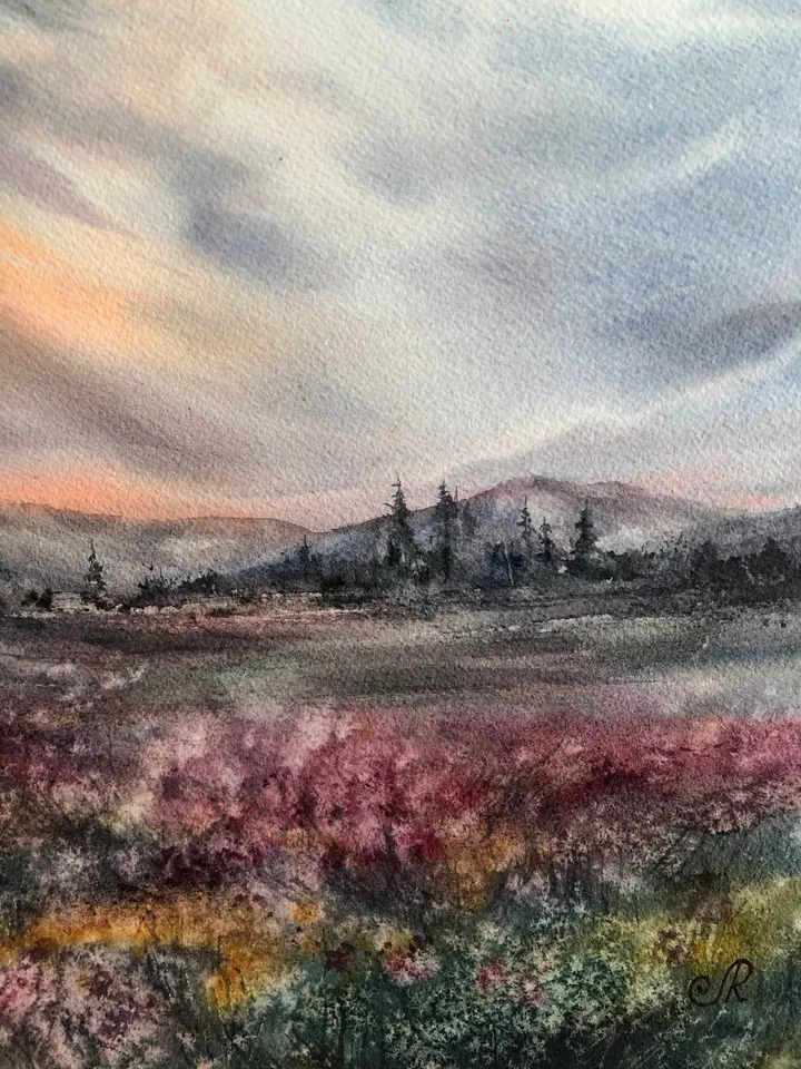 Field Painting Original Watercolor Painting Sunset Painting Landscape Wall Art Sky Painting